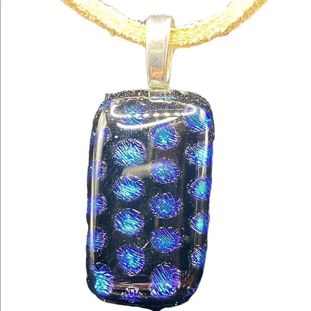 Black with blue check silver bale dichroic pendant on tan suede cord
